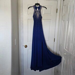 Nightway Embellished Open-Back Halter Gown in blue